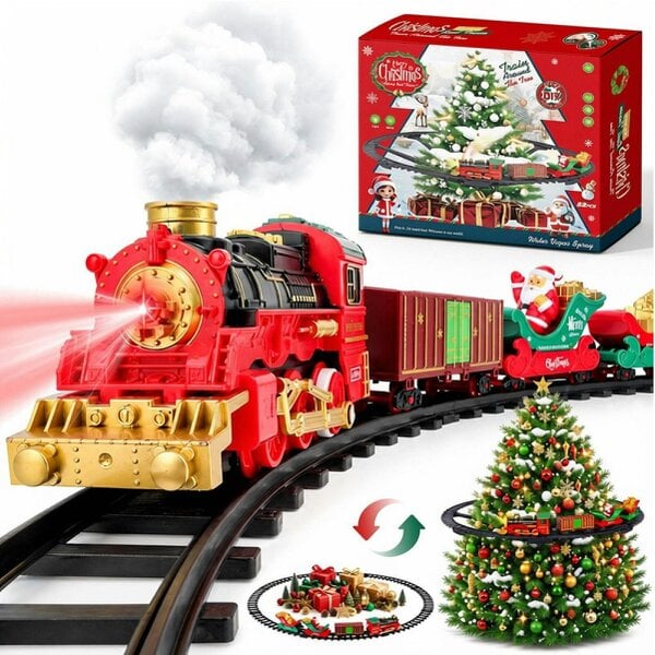 deAO 53-Piece Christmas Steam Train Set with Lights, Music, Smoke & Santa Track for Kids 3+