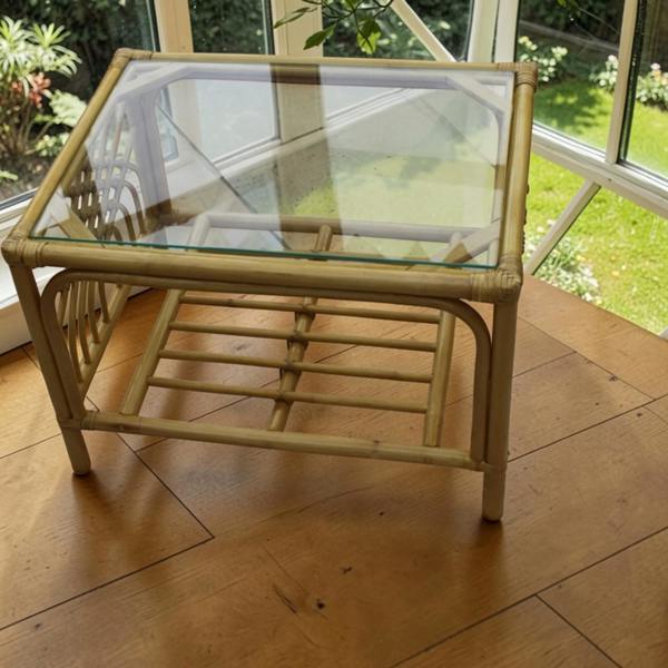 The Garden Marketplace Portofino Cane Coffee Table in Natural Finish with Tempered Glass Top
