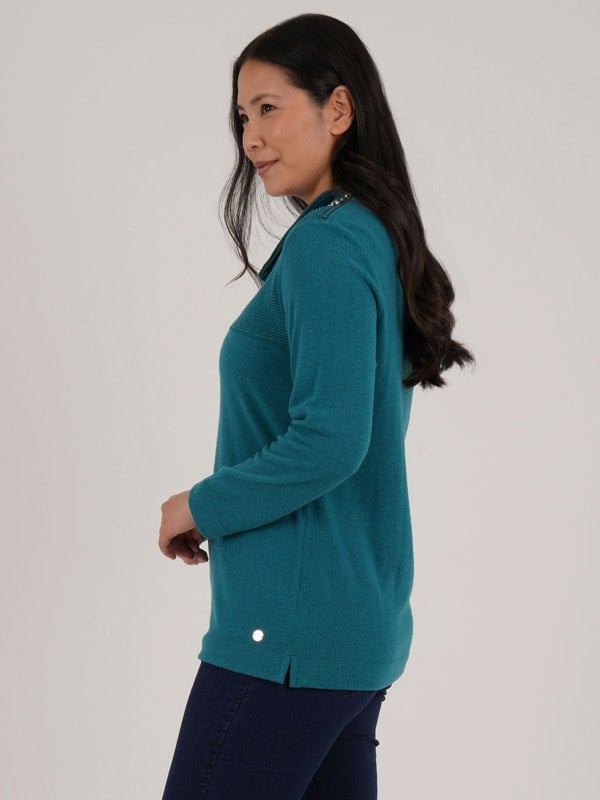 PennyPlain Zip Cowl Neck Rib Top- Dragonfly