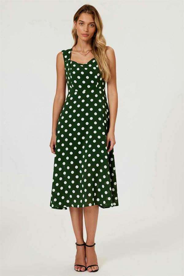 FS Collection Polka Dot Print Heart Neck Midi Green