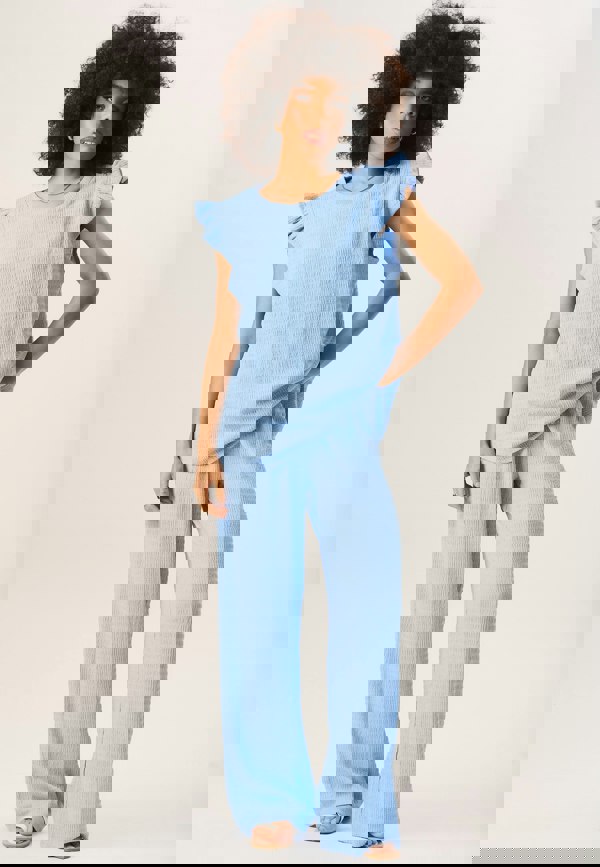 Gini London Blue Textured Elastic Waist Pull On Trousers