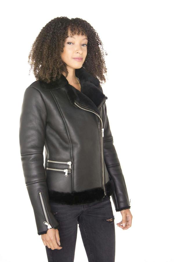 Infinity Leather Womens Black Shearling Sheepskin Aviator Jacket-Patchway