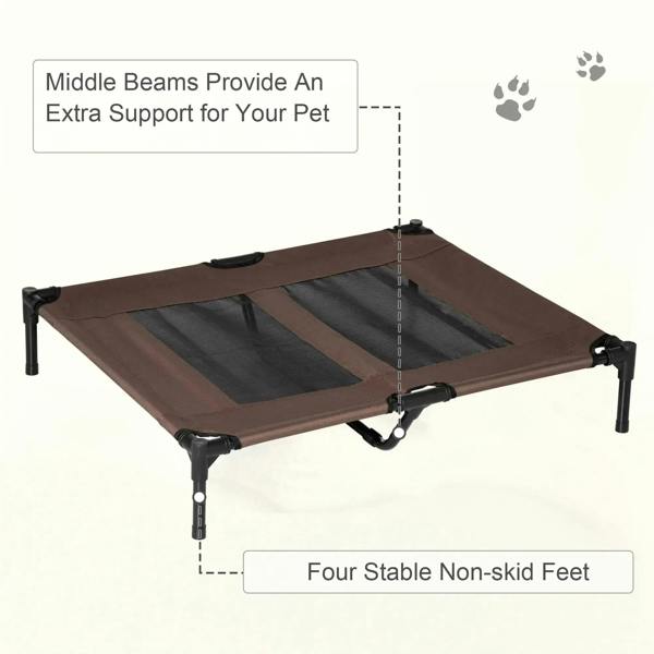 Brown elevated pet cot with central support bar and non-slip feet