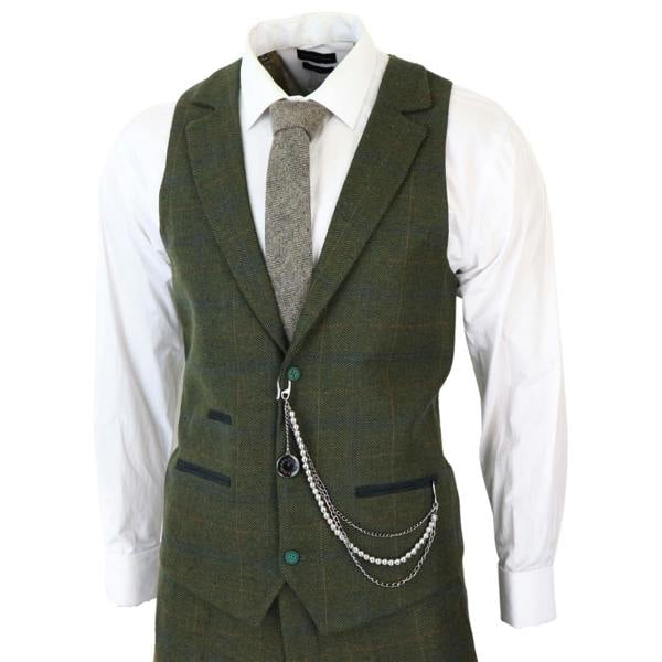 TruClothing Mens 3 Piece Wool Suit Olive Green Tweed Check Peaky Blinders 1920 Gatsby Formal