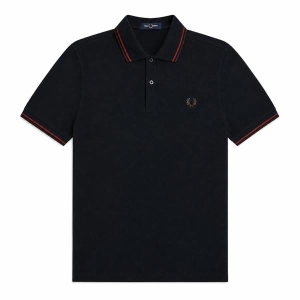 Navy Fred Perry twin tipped polo shirt in cotton pique with brandy and rich brown tipping and Laurel Wreath embroidery.