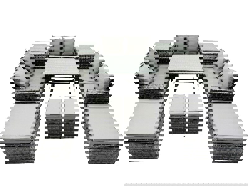 Fimous 10 Seater Wicker PE Rattan Furniture Outdoor Dining Table Double Seat Sofa 4 Stools 2 Side Table Set Dark Grey Mixed