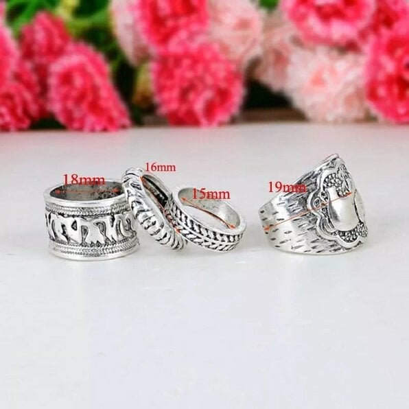 The Colourful Aura 4 Pieces Ethnic Vintage Elephant Bohemian Antique Silver Rings Set