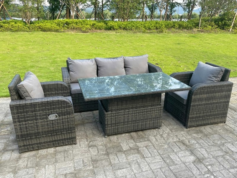 Fimous Dark Mixed Grey Rattan Outdoor Garden Furniture Lifting Adjustable Dining Or Coffee Table Sets Lounge Sofa Recling Chairs 5 Seater