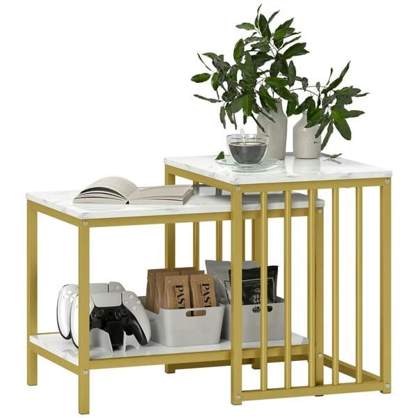 Gold-tone marble-effect nesting side tables set of two, steel frame, open lower shelf