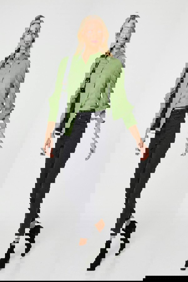 Sage | Plain Puff Sleeve Button-Up Shirt
