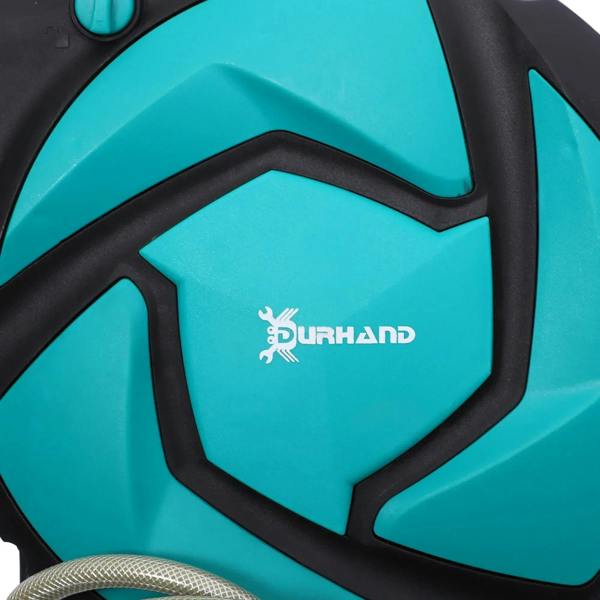 Blue retractable hose reel housing with DURHAND logo and black trim