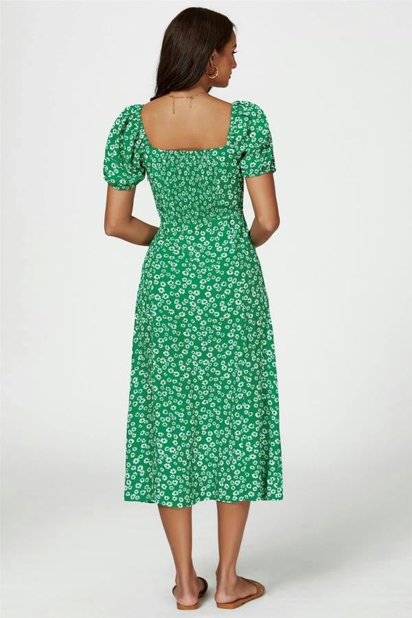 FS Collection Puff Sleeve Heart Neckline Midi Dress In Green