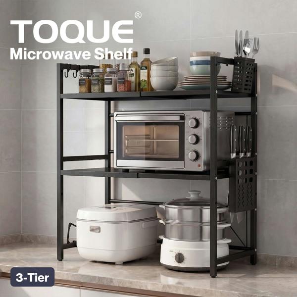 TOQUE 3 Tier Expandable Microwave Oven Rack Stand Kitchen Storage Shelf Black