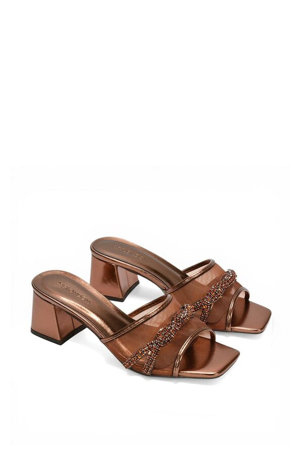 XY LONDON Backless Block Heel Sandals With Crystals and Mesh