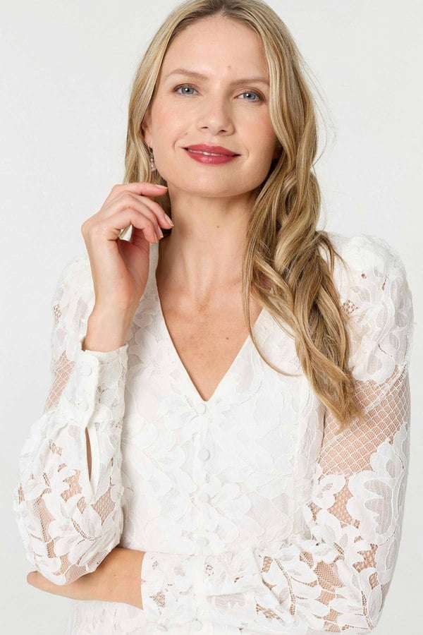 White | Floral Lace Layer Long Sleeve Maxi Dress
