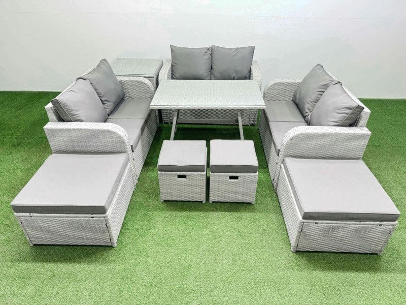 Fimous 10 Seater Patio Garden Furniture Sets with Dining Table Love Sofa Side Table 4 Stools Light Grey