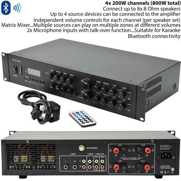 800W Bluetooth Sound System 8x 200W White Wall Speaker 4 Zone Matrix Amplifier