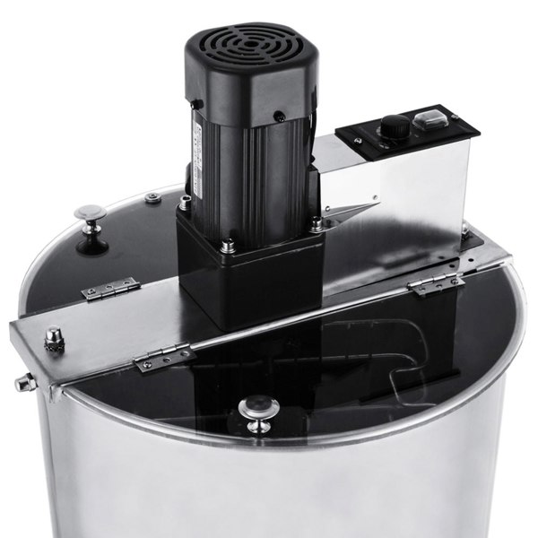 Electric honey extractor with stainless steel body, black motor, and control panel, designed for efficient honey extraction
