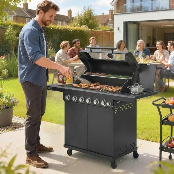 Bobobiy 6+1 Burner Gas BBQ Grill, Outdoor Barbecue Trolley with Wheels, Warming Rack, Thermometer, Bottle Opener, Black - Black