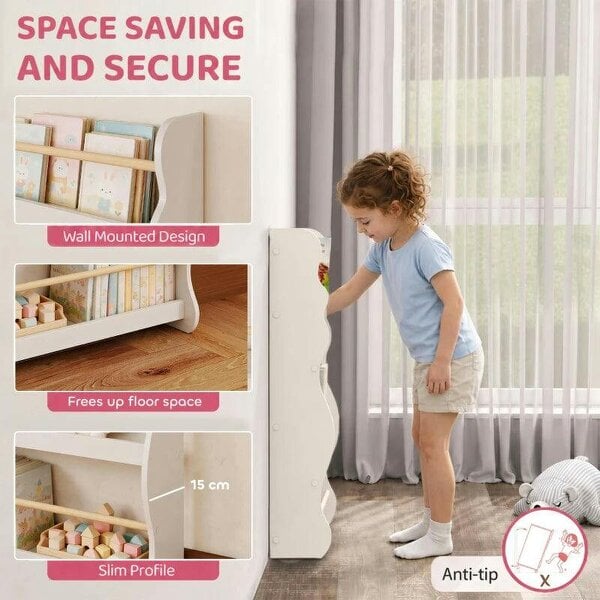 3-Tier Kids Bookshelf Wall Mounted, Kids Bookcase for Playroom, Living Room for Toddlers and Children Aged 3-8, White