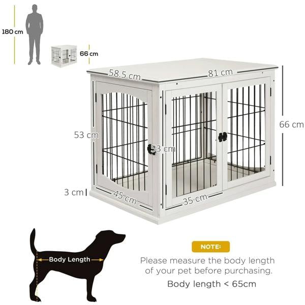 White dog crate end table with two doors and visible size diagram