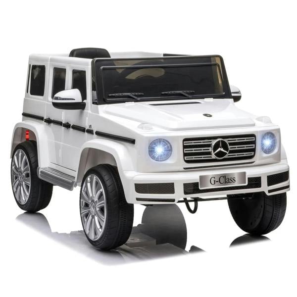 White kids electric ride-on car toy with Mercedes-style front grille and LED headlights