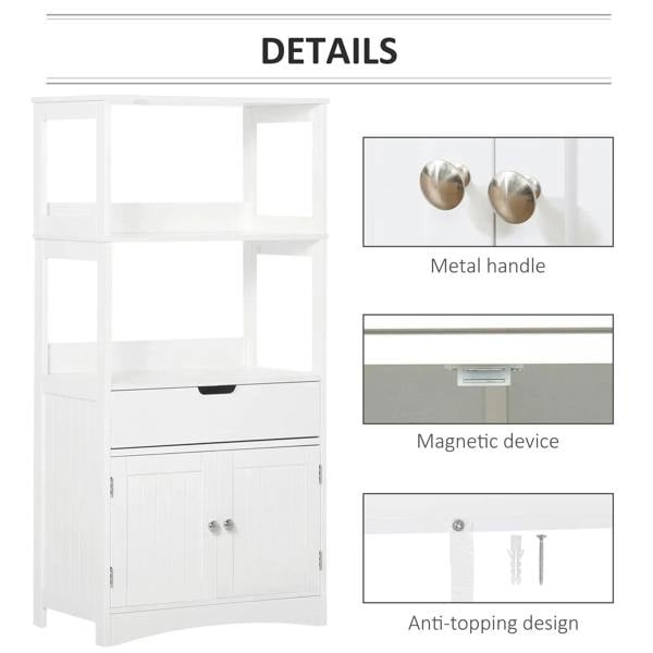 White cabinet with metal knob handles and slide drawer, anti-tipping support detail shown