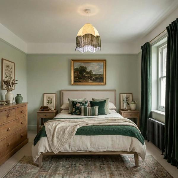 Cream Floral Victorian Velvet Shade with Dark Green and White Tassels Image 6