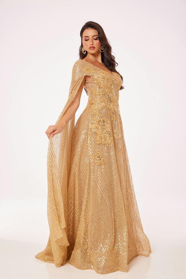LuvForever Gold Drape Sleeve Maxi Dress