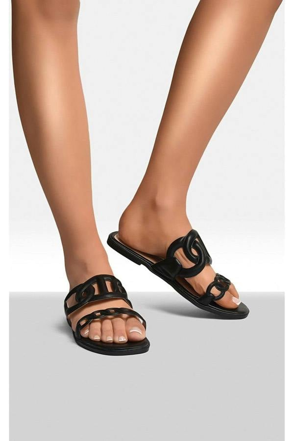 Betty Comfortable Flat Sandals With Double Leather Chain - Black