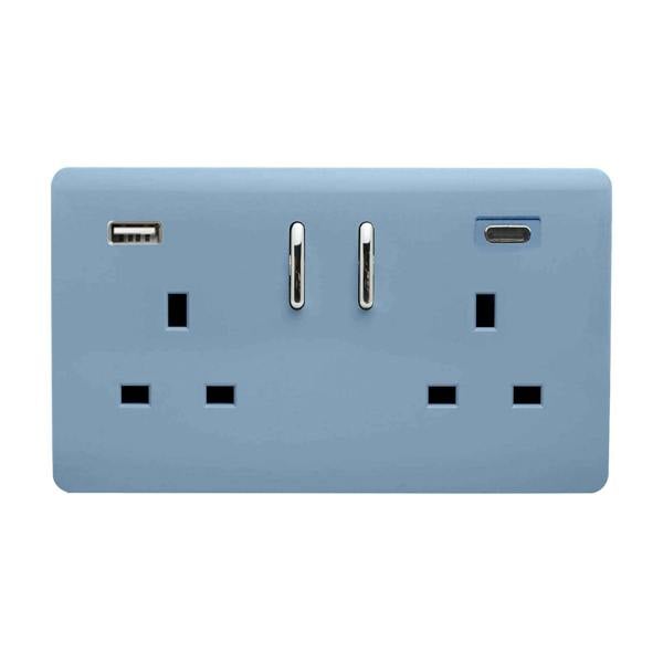 Trendi Switch 2 Gang USB 3100mA Type A & C USB Plug Socket in Sky Blue