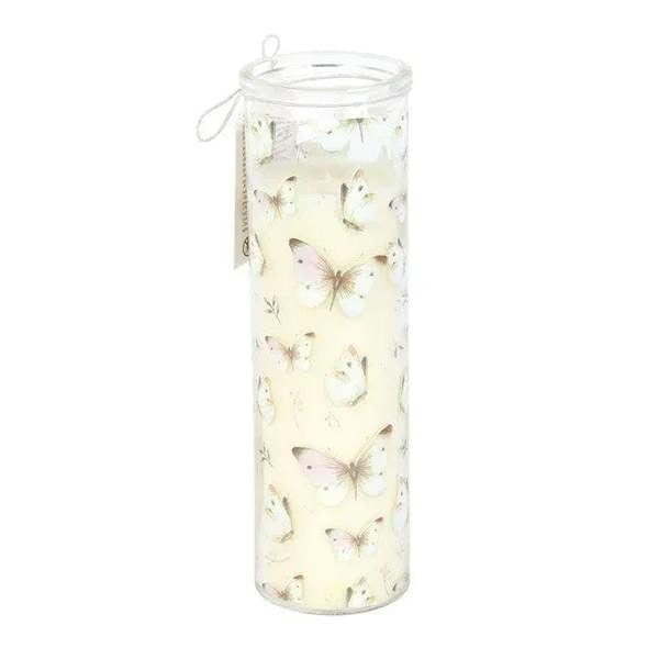Vanilla tube candle in white glass with butterfly print, tied bow on top