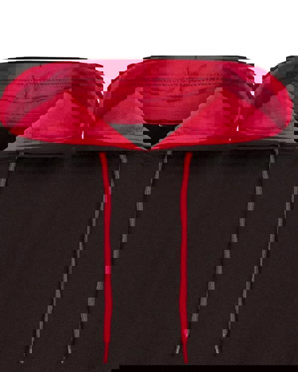 Hoggs of Fife Professional Men's Logo Pullover Sweatshirt Hoodie, close-up of black hoodie with red interior lining and pink drawstrings.