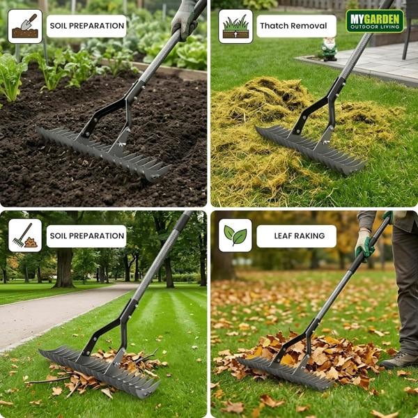 My Garden Outdoor Living My Garden Extendable Thatch Rake 1.77M - Manual Lawn Scarifier - Adjustable Steel Handle - Moss & Thatch Rake