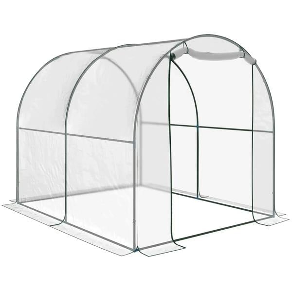 Walk-in polytunnel greenhouse with transparent PVC cover and arched steel frame