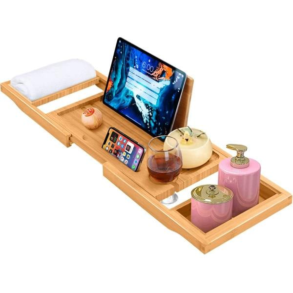 ADOV Extendable Bamboo Bath Tray, Adjustable Wooden Bathtub Caddy with Book, Tablet, Phone and Wine Glass Holder
