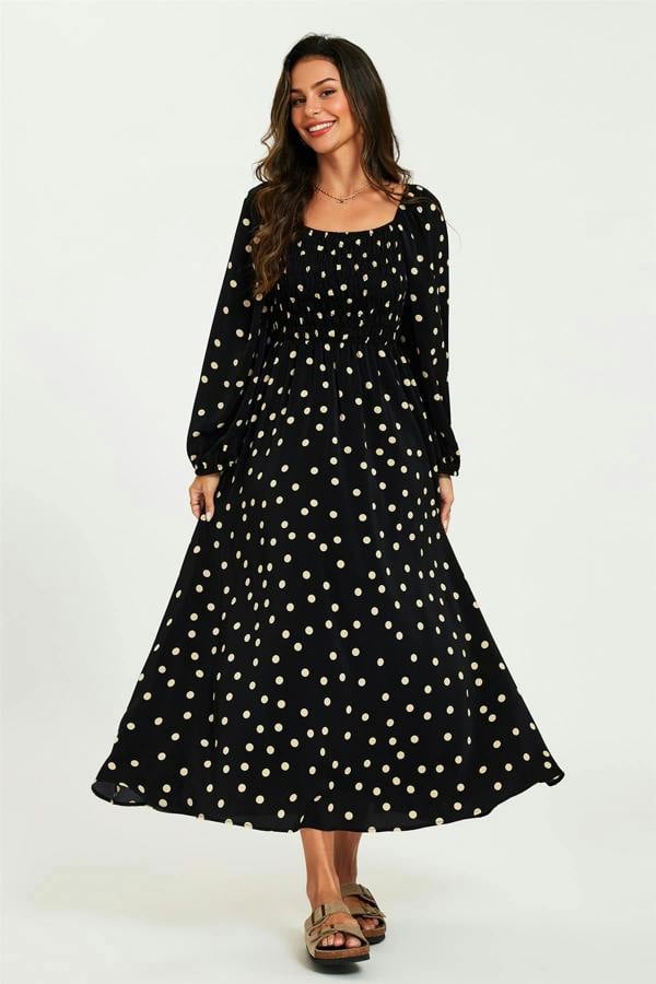 FS Collection Polka Dot Square Neck Maxi Dress In Black