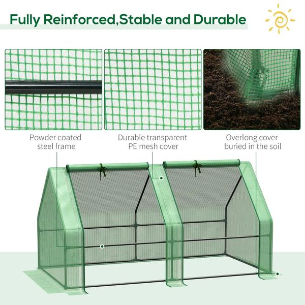 Green mini greenhouse with steel frame and reinforced translucent PE cover panels