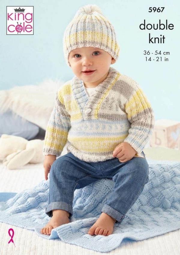 King Cole Cherish DK & Cherished DK Knitting Pattern 5967, Sweaters, Cardigans, Headwear, Blankets for Baby