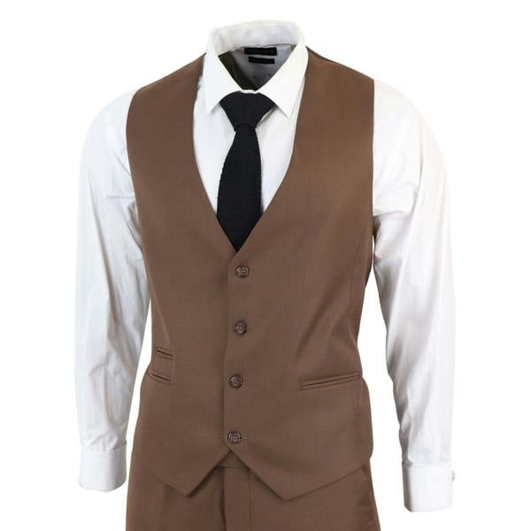 TruClothing Mens IM1 Classic Plain Brown 3 Piece Suit