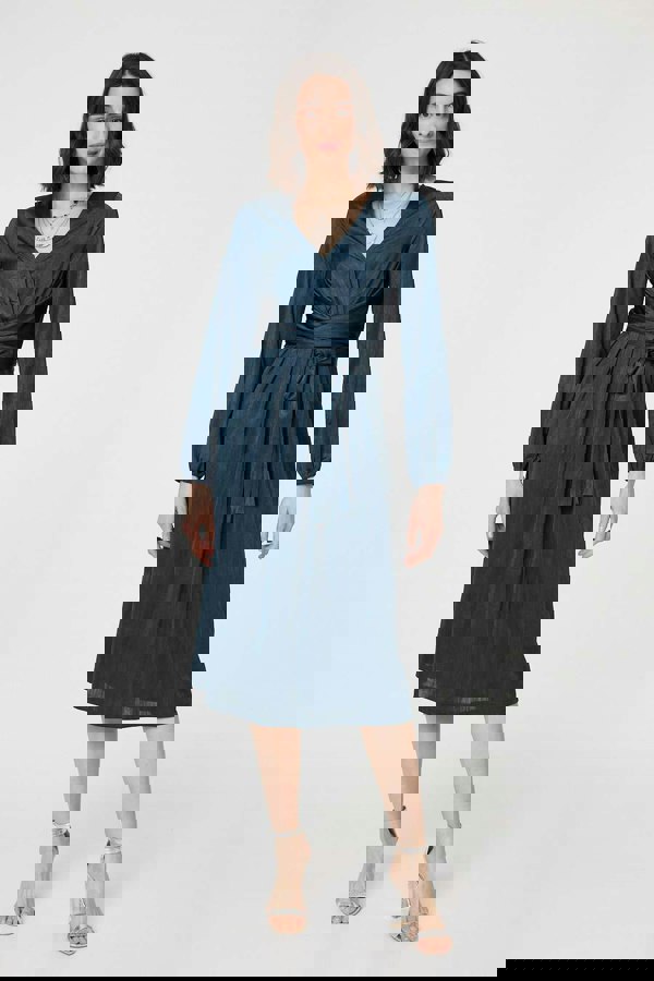 Green | Ruched Long Sleeve Midi Wrap Dress
