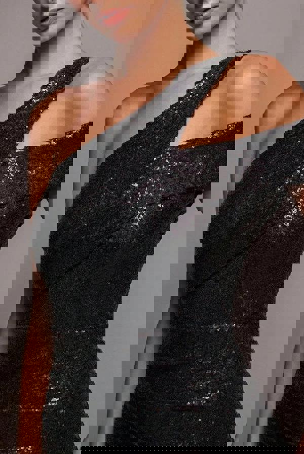 One Shoulder Sequin Evening Maxi - Black DR4069