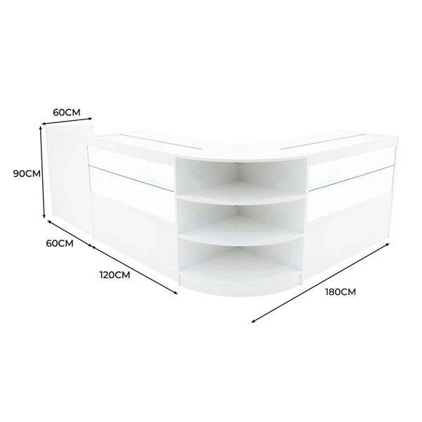 White Eclipse LED shop counter set featuring a modern design with glass display shelves, measuring 180cm x 120cm x 90cm