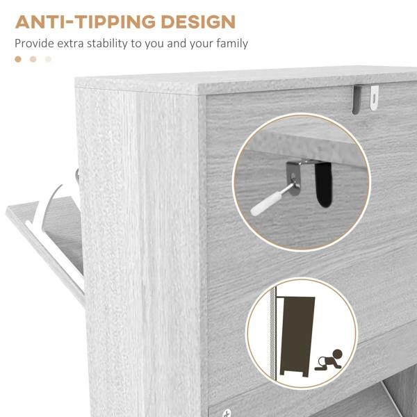 Grey wood-effect shoe cabinet corner showing anti-tipping safety straps and mounts