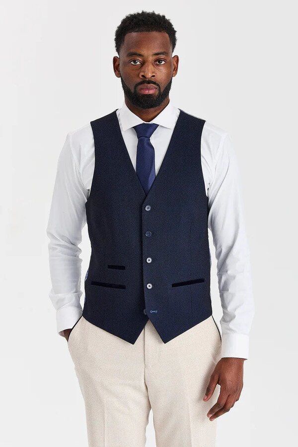 Paul Andrew Regent Cream Check Suit with Regent Navy Waistcoat
