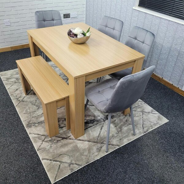 KOSY KOALA 6 Seater Modern Light Wood Dining Table Set with 4 Grey Velvet Chairs and Bench H75 x L140 x W80 cm