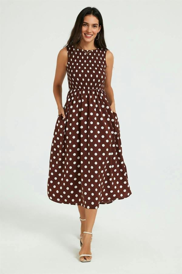 FS Collection Dot Print Tie Back Sleeveless Shirred Top Midi Dress Brown
