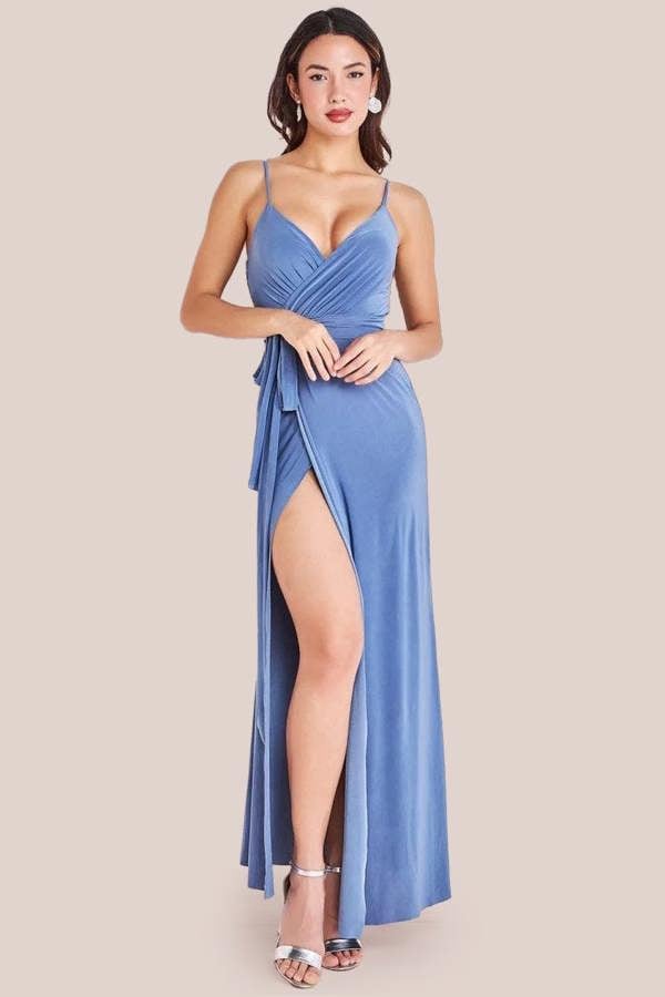 Wrap Front Maxi Slip Dress With Waist Tie-Up - Cloudy Blue DR2250C