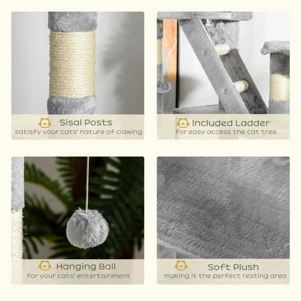 Light grey cat tree detail set: sisal scratching posts, included ladder, hanging ball, and soft plush