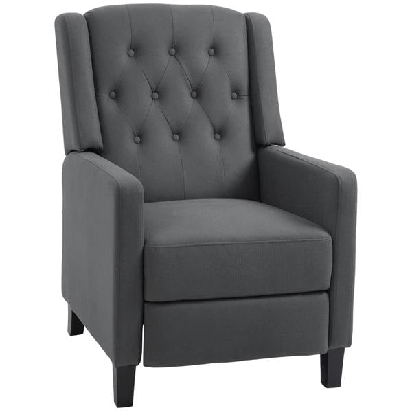 Charcoal grey wingback recliner chair with button-tufted back and padded arms